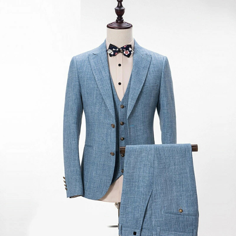 スーツ メンズ ブルー 3点セット タキシード 礼服 結婚式 披露宴 花婿 3ピーススーツ ジャケット＋ベスト＋ズボン セレモニースーツ 司会 忘年会 フォーマル メンズスーツ セットアップ 発表会